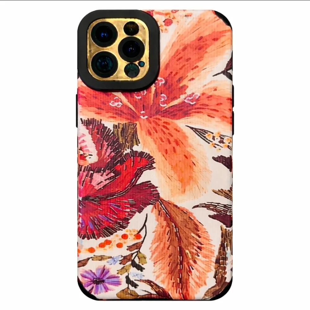 iPhone 13 Pro or 14 Pro case. Orange Hibiscus Flower Motif.